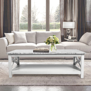 Agatha 44" x 18" Rectangular Italian Carrara White Marble Coffee Table with Solid Wood Legs
